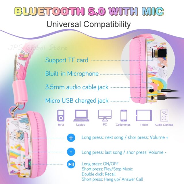 Cuffie Wireless con microfono Rainbow Unicorn Kids Girls Stereo Music Helmet Headset Gamer TF Card per telefono cuffie per bambini